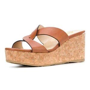 FOWT Brown SandalsAlmond Toe Cross Strap Slide  High Wedge Shoes